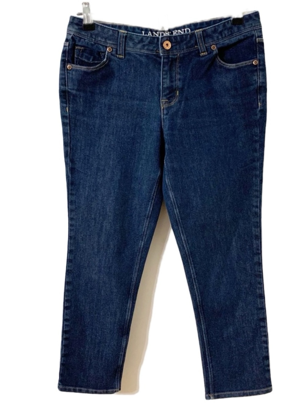 Lands’ End Petite Dark Wash Cropped Denim Jeans Five Pocket Styling Belt Loops